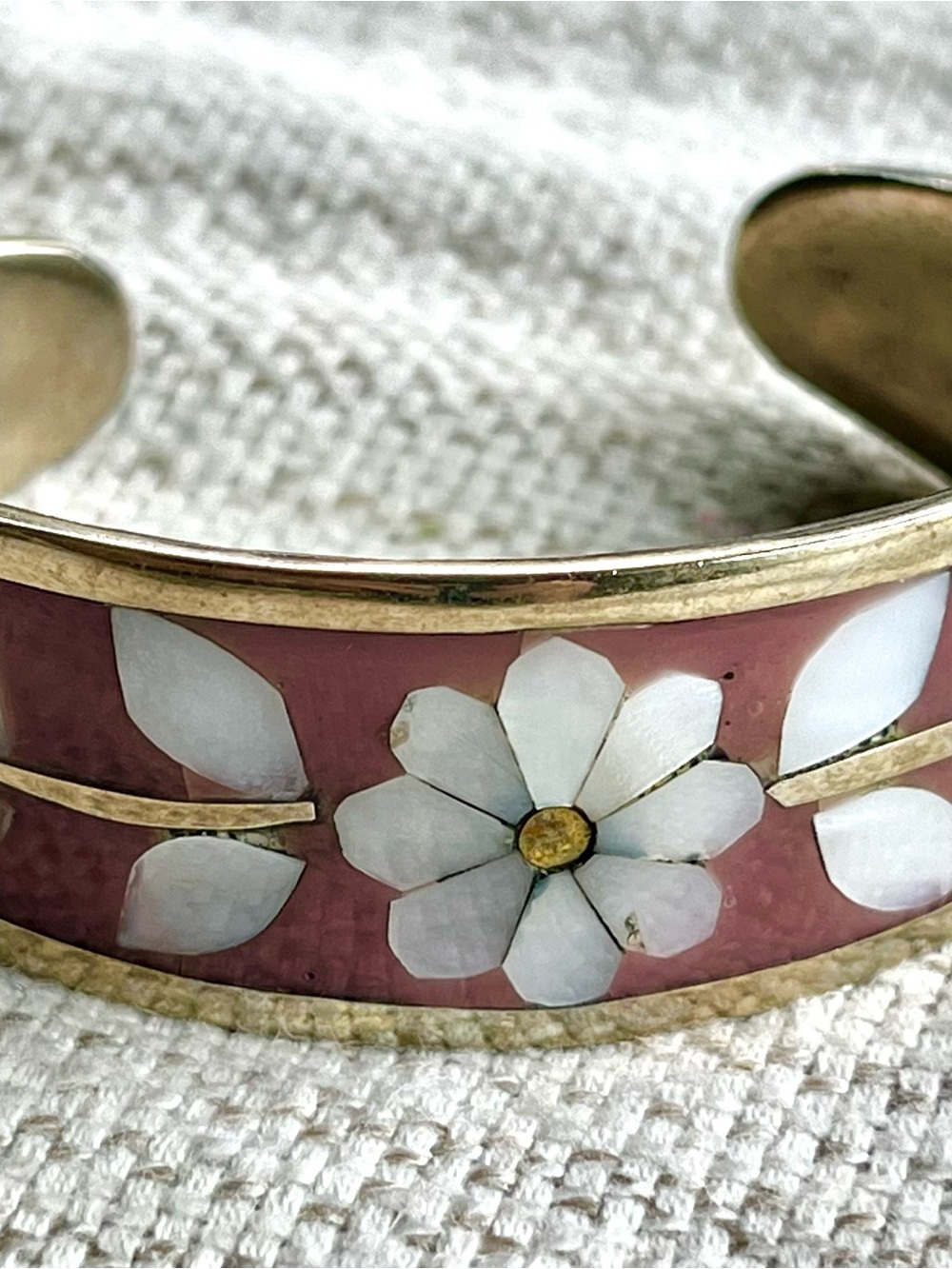 Silver-Tone pearl Floral Inlay Cuff Bracelet in pink and white Mexico